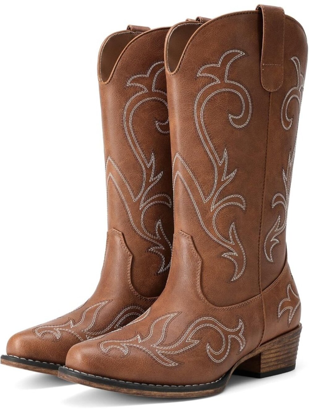 DREAM PAIRS Women's Classic Tan Square Toe Western Cowgirl Mid Calf Boot Shoes
